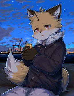 anthro breath can clothed clothing coat container countershading fully_clothed fur holding_can holding_container holding_object kemono lidded_eyes male night open_mouth orange_body orange_fur outside port sitting sky solo star starry_sky topwear young young_anthro young_male kitune1tu canid canine fox mammal 2024 hi_res japanese_description