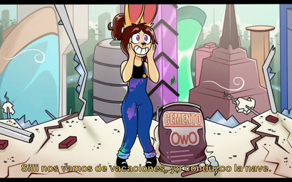 ambiguous_gender anthro brown_hair building clothing concrete detailed_background dirty dirty_clothing ears_up female glistening glistening_hair hair hammer hand_on_face happy long_ears open_mouth overalls owo paint purple_eyes short_hair solo text tools wind la_tiapat pat_(prettypatsusan) canid canine canis domestic_dog lagomorph leporid mammal rabbit 16:10 spanish_text subtitled translated widescreen