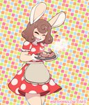 anthro apron brown_hair carol_(marshmallow-ears) checkered checkered_background clothing eclair eyes_closed female food fur hair hair_swirl happy pastry pattern_background pattern_clothing plate polka_dot_dress simple_background solo spots spotted_clothing steam tan_body tan_fur white_body white_fur marshmallow-ears lagomorph leporid mammal rabbit 2021 hi_res watermark trans_(lore) trans_woman_(lore)