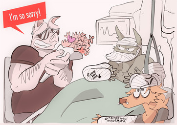 anthro apology arm_hair awkward_smile bed bedding blanket blood bodily_fluids body_hair bouquet bruised bruised_eye cast clothed clothed_anthro clothed_male clothing covered_mouth eyewear flower flower_bouquet fully_clothed fully_clothed_anthro fully_clothed_male fur furniture grey_body grey_fur group hospital_bed hospitalized iv_drip iv_stand male nosebleed pink_body plant short_sleeved_shirt short_sleeves sunglasses text tissue trio wearing_sunglasses wounded yellow_body yellow_fur dudenahuel bluetooth nahuel_(dudenahuel) roy_(dudenahuel) samuel_(dudenahuel) canid canine canis domestic_pig iberian_wolf mammal maned_wolf suid suine sus_(pig) wolf yorkshire_pig 2023 absurd_res colored_sketch english_text hi_res sketch