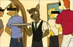 anthro black_border border canid canine canis censor_bar censored censored_face clothed clothing crowd domestic_dog fuze group luis_(fuze) male mammal necktie smile tray waiter