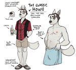 alcohol anthro arm_tuft beer beverage bowling_shirt brown_hair chest_tuft clothing duo elbow_tuft footwear fur hair half-closed_eyes inner_ear_fluff khaki_shorts male muscle_tone musclegut muscular muscular_anthro muscular_male narrowed_eyes pecs sandals shoes simple_background simple_eyes teeth text tooth_gap towel towel_around_waist towel_only tuft white_background white_body white_fur cadaverrdog corona_(beer) howie_(cadaverrdog) canid canine canis domestic_dog german_shepherd herding_dog mammal pastoral_dog english_text hi_res model_sheet