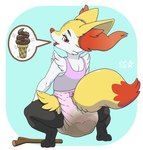 anthro bodily_fluids bottomwear bracelet braixen clothed clothing crouching dessert diaper diaper_fetish feces feet female food fruit full-length_portrait furgonomics generation_6_pokemon heart_clothing heart_diaper heart_symbol heart_underwear hi_res ice_cream jewelry looking_at_viewer looking_back looking_back_at_viewer messy_diaper nintendo nut_(fruit) paws pictographics plant pokemon pokemon_(species) pooping portrait rear_view saliva saliva_string scatplay shirt simple_background soiled_diaper soiling soiling_diaper soles solo stargal_galexi stick tank_top tongue tongue_out topwear unclean_diaper underwear used_diaper wearing_diaper