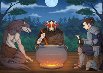 anthro armor cooking_pot fire group male male/male mask moon plant tree trio shadowfury mythology canid canine human humanoid mammal mythological_canine mythological_creature werecanid werecanine werecreature werewolf