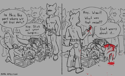 ambiguous_gender anthro arms_tied blindfold blood blood_drip blood_from_head blood_on_clothing blood_on_hair blood_on_pants blood_on_weapon blood_puddle bodily_fluids bottomwear bound brain_damage clothing crate death dialogue dishonesty dripping enthusiastic facial_piercing female gore group head_injury horn killing kneeling lying male nose_piercing pants piercing pipe_(tube) questionable_consent scared snuff tail tail_motion tailwag tongue tongue_out two_panel_image weapon wings_tied fatal_affection mythology canid canine canis dragon mammal mythological_creature mythological_scalie scalie wolf better_version_at_source character_request comic hi_res