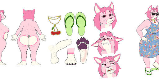 annoyed anthro areola belly big_belly big_breasts big_butt big_penis bodily_fluids breasts butt clothed clothing curled_tail dress drooling eyewear feet flip_flops foot_imprint footwear foreskin fur genitals gynomorph hair imprint intersex jewelry looking_at_viewer multicolored_body necklace nipples nude overweight overweight_anthro overweight_gynomorph overweight_intersex pawpads paws penis pink_areola pink_body pink_fur pink_hair plantigrade plantigrade_pawpads pubes saliva sandals shoes simple_background slightly_chubby smile smirk soles solo sunglasses tail two_tone_body l3ftbl4nk cherry_(pickleticklr) canid canine mammal absurd_res digital_media_(artwork) hi_res model_sheet