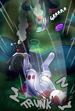animal_genitalia forest forest_background fur genitals male male/male markings nature nature_background plant scale_markings scales serpentine sheath teeth tree white_body white_fur yellow_body halfpricesouls nintendo pokemon fan_character levi_(halfpricesouls) generation_3_pokemon generation_5_pokemon mawile pokemon_(species) serperior zoroark absurd_res hi_res
