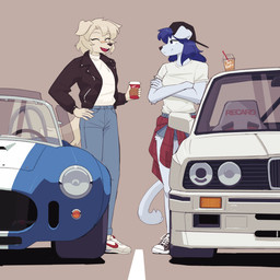 anthro backwards_hat beverage blue_hair car clothing coffee coffee_cup container crossed_arms cup duo female hair hat headgear headwear jacket jacket_around_waist leather leather_clothing leather_jacket leather_topwear pattern_clothing plaid plaid_clothing shirt t-shirt topwear vehicle white_hair 427deer ac_cars bmw bmw_e30 bmw_m3 nike recaro shelby_cobra tim_hortons ashley_weber elizabeth_swipes canid canine canis domestic_dog mammal 1:1 2022 absurd_res digital_media_(artwork) hi_res trans_(lore) trans_woman_(lore)