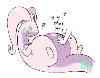 ambiguous_gender annoyed belly belly_rub big_tail blush crossed_arms disembodied_hand duo embarrassed half-closed_eyes heart_symbol lying narrowed_eyes on_back pear-shaped_figure petting purple_body slime spread_legs spreading tail wide_hips kint nintendo pokemon generation_6_pokemon goodra humanoid pokemon_(species)