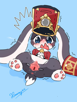 anus blue_background blue_eyes blush bodily_fluids bottomless clothed clothing crying dipstick_tail ejaculation eyelashes female fur genital_fluids genitals gold_(metal) grey_body grey_ears grey_fur grey_tail hat headgear headwear long_ears markings multicolored_body multicolored_fur noseless open_mouth paws red_clothing red_hat red_headwear red_topwear shaking shocked simple_background solo spread_legs spread_vulva spreading sweat tail tail_markings tape tears topwear two_tone_body two_tone_fur vaginal_fluids vaginal_squirting vulva vulva_spreading_tape white_body white_ears white_fur white_tail_tip conditional_dnp xammyxx honkai:_star_rail mihoyo pom-pom_(honkai:_star_rail) 2025 3:4 digital_media_(artwork) hi_res ibispaint_(artwork) signature watermark