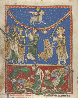 2_horns 5_fingers 5_toes ambiguous_feral ambiguous_gender anthro anthrofied banner barefoot beard biped christian_cross christian_symbol clothed clothed_anthro clothed_human clothed_male clothing cloven_hooves cross crown death eating facial_hair feet feral fight fighting_pose fingers fur group hair halo headgear holding_melee_weapon holding_object holding_polearm holding_shield holding_spear holding_sword holding_weapon hooves horn humanoid_feet humanoid_hands male male_anthro male_human manuscript medieval melee_weapon plantigrade polearm pose quadruped religion religious_symbol serpentine severed_body_part severed_head shield shirt side_view spear standing sword tail text toes topwear tunic unguligrade weapon wool_(fur) unknown_artist bible christianity jesus_christ bovid caprine human mammal reptile scalie sheep snake 13th_century absurd_res ancient_art hi_res huge_filesize latin_text painting_(artwork) traditional_media_(artwork) traditional_painting_(artwork)