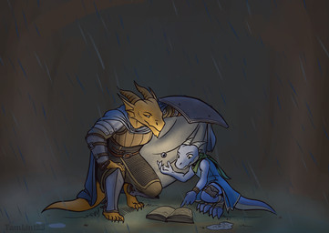 ambiguous_gender anthro armor barefoot blue_body blue_scales crouching duo feet female flat_chested forest larger_female magic_book magic_user male plant raining scales shield size_difference smaller_male spellcasting tree tamlin123 dungeons_and_dragons hasbro wizards_of_the_coast cerulean_(vonboomslang) zeal_(vonboomslang) dragonborn_(dnd) kobold scalie female_(lore) male_(lore)