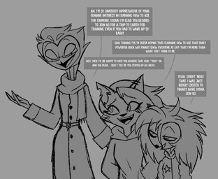 anthro clothing dialogue eyewear female glasses grey_background group hair hoodie jacket long_hair male scarf short_hair simple_background smile speech_bubble standing star text topwear trio white_text teathekook hellaverse helluva_boss mythology loona_(helluva_boss) octavia_(helluva_boss) stolas_(helluva_boss) avian bird canid canid_demon canine demon hellhound mammal mythological_canine mythological_creature owl owl_demon english_text hi_res monochrome daughter_(lore) father_(lore) father_and_child_(lore) father_and_daughter_(lore) parent_(lore) parent_and_child_(lore) parent_and_daughter_(lore)