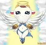 blue_eyes bracelet brown_hair clothing cloud feathered_wings feathers female freckles fur hair halo hoof_hands hooves horn jewelry solo white_body white_feathers white_fur wings sr animal_crossing nintendo chevre_(animal_crossing) angel bovid caprine goat mammal absurd_res hi_res