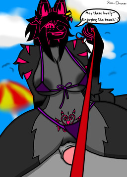 anthro beach beachwear big_breasts big_tail black_arms black_body black_fur black_hair black_head bra breasts clothed clothing clothing_aside cowgirl_position dialogue duo ear_piercing ear_ring female first_person_view fluffy fluffy_ears from_front_position fur fur_markings genitals hair horn jewelry leash leash_pull leashed_male leashed_viewer male male/female markings on_bottom on_lap on_top panties panties_aside penis piercing pink_eyes pink_markings pink_tattoo ring_piercing rubbing sex sex_on_the_beach short_hair short_horn sitting_on_lap skimpy small_horn smile smiling_at_viewer stinger stinger_tail straddling straddling_penis suggestive summer tail talking_to_viewer tattoo text underwear underwear_aside vulva womb_tattoo reena_dreamer iranian_mythology middle_eastern_mythology mythology reena_(reena_dreamer) canid canine canis demon felid mammal manticore succubus wolf absurd_res english_text hi_res