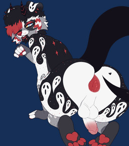 anthro anus balls butt erection eyeshadow feet fur genitals hair lipstick looking_at_viewer makeup male nude pawpads paws penis piercing smile solo spirit_(ghxztfaze) tail thick_thighs ghxztfaze canid canine mammal alpha_channel digital_media_(artwork)
