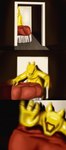 ambiguous_gender bed cute_fangs dark_room door dramatic_lighting eyeless fangs furniture inside latex motion_blur nightmare_fuel open_mouth open_smile reaching_towards_viewer reflective_body smile solo teeth vinyl yellow_body malevolified latex_creature living_latex mega_(malevolified) monster 2021 digital_drawing_(artwork) digital_media_(artwork) hi_res high_contrast