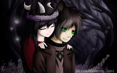 black_hair brown_clothing brown_jacket brown_topwear clenched_teeth clothed clothing detailed_background duo eyes_closed female flower flower_crown forest green_eyes green_sclera hair horn jacket long_hair male night outside plant red_clothing red_shirt red_topwear shirt short_hair smile teeth topwear tree white_horn bloominglynx animal_humanoid humanoid 16:10 2018 digital_drawing_(artwork) digital_media_(artwork) hi_res shaded widescreen