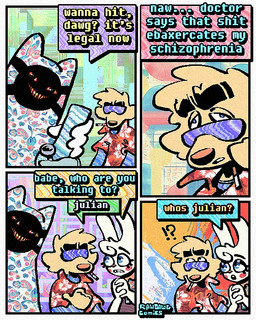 4_panel_comic aloha_shirt anthro bong cheek_spots cigarette cigarette_in_mouth clothing dialogue drugs eyewear floppy_ears fur group half-closed_eyes humor male mask narrowed_eyes object_in_mouth overalls pattern_clothing pattern_shirt pattern_topwear profanity shirt smoking_tobacco speech_bubble sunglasses teeth text tooth_gap topwear trio white_body white_fur yellow_body yellow_fur rawdawgcomics bingus_(rawdawgcomics) julian_(rawdawgcomics) stahli_(rawdawgcomics) ambiguous_species bird_dog canid canine canis domestic_dog golden_retriever hunting_dog lagomorph leporid mammal rabbit retriever 4:5 comic english_text hi_res