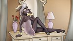 anthro clothed clothing collar crossdressing femboy flower horn lamp legwear lingerie looking_at_viewer male mirror pantyhose plant rose_(flower) smile solo translucent translucent_clothing vanity_mirror vase apocheck13 conditional_dnp charisma bovid caprine mammal sheep 16:9 widescreen