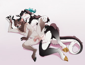 5_fingers anal anal_penetration anthro antlers arm_tuft balls black_body black_fur black_hair black_nose blue_horn blush blush_lines bodily_fluids braided_hair brown_body brown_fur brown_hair cum cum_on_leg duo elbow_tuft fingers fur genital_fluids genital_piercing genitals hair hand_holding hand_on_knee hand_on_leg hooves horn humanoid_genitalia humanoid_penis looking_at_another looking_at_partner lying male male/male male_penetrated male_penetrating male_penetrating_male on_side one_leg_up penetration penis penis_piercing piercing raised_leg sex simple_background spread_legs spreading tail tan_body tan_fur tuft white_background white_body white_fur hamgirl_(artist) mythology adam_(deexcoffee) bovid caprine deer dragon goat hybrid mammal mythological_creature mythological_scalie scalie 2025 digital_media_(artwork) hi_res