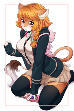alternate_species anthro backpack biped blush border bottomwear brown_eyes clothed clothing cosplay electronics female fully_clothed fur furrification game_console hair heart_eyes heart_symbol kneeling legwear looking_at_viewer miniskirt on_ground outside_border pink_border simple_background skirt solo topwear white_background iwbitu danganronpa danganronpa_2 spike_chunsoft chiaki_nanami felid mammal 2017 digital_media_(artwork) hi_res shaded