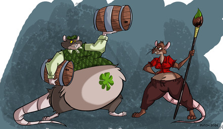 anthro barrel belly beverage big_belly bottomwear breasts brown_body brown_fur brush buckteeth clothing duo female fur headgear headwear holidays irish male multicolored_body multicolored_fur navel obese obese_anthro obese_male overweight overweight_anthro overweight_male paint pants shamrock shirt teeth text thick_thighs topwear two_tone_body two_tone_fur whiskers wide_hips dutch_(artist) st._patrick's_day mammal murid murine rat rodent 2026 artist_name digital_media_(artwork) hi_res