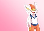 anthro biped blue_body blush fur looking_at_viewer open_mouth pink_background red_body simple_background solo standing white_body white_fur sum nintendo pokemon cinderace generation_8_pokemon pokemon_(species) 2020 absurd_res digital_media_(artwork) hi_res