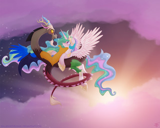 blush cloud crown cutie_mark duo eye_contact fangs feathered_wings feathers female gold_(metal) hand_on_face headgear horn jewelry looking_at_another male necklace outside purple_eyes red_eyes sky smile sparkles star sun sunset teeth wings falleninthedark friendship_is_magic hasbro my_little_pony mythology discord_(mlp) princess_celestia_(mlp) chimera draconequus equid equine mammal mythological_creature mythological_equine winged_unicorn 2014