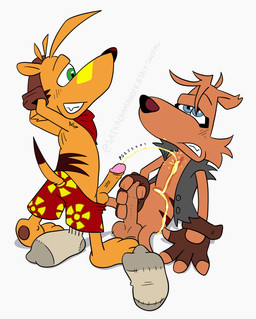 anthro bodily_fluids bottomwear clothing duo erection fingerless_gloves footwear foreskin genital_fluids genitals gloves handwear humanoid_genitalia male male/male peeing penis shorts socks tasmanian tasmanian_tiger urine watersports srirachamander ty_the_tasmanian_tiger_(series) sly_the_tasmanian_tiger ty_the_tasmanian_tiger absurd_res hi_res incest_(lore)