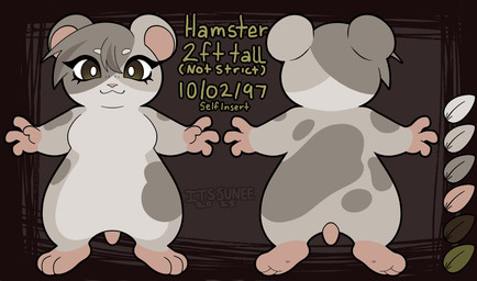 anthro female fur hair markings short_hair short_tail simple_background solo spots spotted_body spotted_fur spotted_markings tail text itssunee sugar_(itssunee) cricetid hamster mammal rodent absurd_res colored english_text hi_res model_sheet
