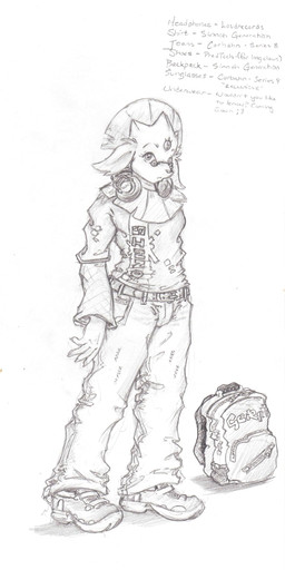 anthro backpack belt biped bottomwear claws clothing electronics eyewear footwear glasses headphones male pants shirt shoes simple_background solo standing text topwear white_background packmind nintendo pokemon generation_4_pokemon pokemon_(species) weavile 2009 sketch