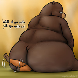 anthro big_butt brown_body brown_fur butt facesitting female fur overweight overweight_female sitting sitting_on_another size_difference slightly_chubby slightly_chubby_female smothering text oystercatcher7 disney hoppers_(disney) pixar ellen_(hoppers) mabel_tanaka bear beaver mammal rodent 1:1 english_text hi_res