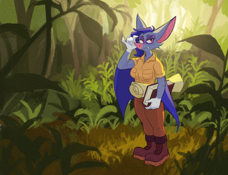 anthro blue_body book boots bottomwear breasts brown_boots brown_bottomwear brown_clothing brown_footwear brown_pants clothing eyewear female footwear forest forest_background glasses holding_book holding_object map nature nature_background pants paper plant plantigrade shirt shoes solo topwear tree wearing_glasses yellow_clothing yellow_shirt yellow_topwear imkrisyim burrowmole agatha_batsby bat mammal