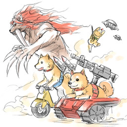 anthro brown_body brown_fur collar drone fangs feral fur group gun hair jumping long_hair male motorcycle open_mouth pink_tongue ranged_weapon red_collar red_eyes red_hair rocket_launcher sabertooth_(anatomy) tan_body tan_fur tank_(vehicle) teeth tongue tongue_out vehicle weapon tanisi_m metal_max bladetooth pochi_tank canid canine canis domestic_dog mammal shiba_inu spitz 1:1