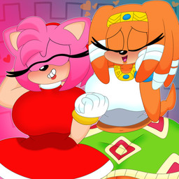 accessory anthro big_breasts blush bottomwear breasts clothed clothing crop_top crown curvy_figure dreadlocks dress duo eyelashes eyes_closed female female/female fingers fur furgonomics gloves hair hand_holding handwear headband headgear heart_symbol hourglass_figure huge_breasts lips midriff multicolored_body multicolored_fur navel orange_body orange_fur orange_hair pink_body pink_fur pink_hair shirt short_hair simple_background skirt smile standing tail tail_through_skirt tan_body tan_fur teeth thick_thighs tiara tongue topwear two_tone_body two_tone_fur voluptuous wide_hips 3barts sega sonic_adventure sonic_the_hedgehog_(series) amy_rose tikal_the_echidna echidna eulipotyphlan hedgehog mammal monotreme 1:1 2021 absurd_res digital_media_(artwork) hi_res