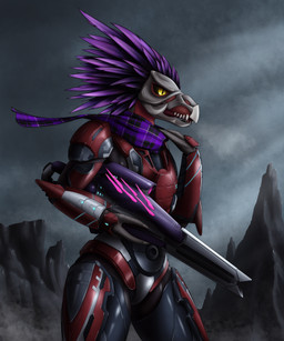 anthro armor avian_caruncle beak claws cloud feather_hair feathered_crest feathers female female_anthro finger_claws grey_body grey_scales gun head_crest holding_gun holding_object holding_ranged_weapon holding_weapon landscape_background needle_rifle outside overcast plaid pseudo_hair pupils purple_body purple_feathers ranged_weapon scales scarf scuted_hands scutes sharp_teeth sky slit_pupils solo standing teeth weapon yellow_eyes fuchsbau49 halo_(series) microsoft xbox_game_studios alien avian kig-yar scalie t'vaoan absurd_res colored hi_res portrait three-quarter_portrait