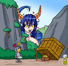 anticipation armor big_breasts blue_body blue_eyeshadow blue_hair blue_lips blue_scales bodily_fluids breasts clothed clothed_human clothed_male clothing drooling duo ear_fins eyeshadow female fin glistening glistening_breasts hair heart_symbol hiding horn knight larger_female larger_humanoid lips makeup male melee_weapon nude nude_female outside plant question_mark rock rope saliva scales shield size_difference smaller_human smaller_male smile surprised sword tail tail_motion tailwag trap_(contrivance) treasure treasure_chest tree warrior weapon wooden_box yellow_eyes yellow_face the_dirty_mind mythology animal_humanoid dragon dragon_humanoid human humanoid mammal mythological_creature mythological_scalie scalie 2025 absurd_res hi_res redraw