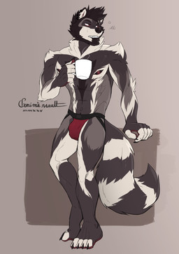 4_toes 5_fingers abs annoyed anthro arm_tuft barefoot biped black_body black_claws black_fur black_markings black_nose broad_shoulders bulge cheek_tuft chin_tuft claws clothed clothing coffee_mug dipstick_fingers dipstick_toes elbow_tuft facial_tuft fangs feet finger_claws fingers fluffy fluffy_tail full_foot_pawpads fur grey_background grey_body grey_fur grey_markings hand_on_object head_tuft holding_coffee_mug holding_object inner_ear_fluff jockstrap jockstrap_only leaning_on_object logo long_tail male markings multicolored_body multicolored_fur muscular muscular_anthro muscular_male narrowed_eyes navel neck_tuft nipples parted_lips pawpads paws pink_nipples pink_pawpads plantigrade red_eyes ring_(marking) ringed_tail roman_numeral serratus sharp_teeth shoulder_tuft simple_background snout solo steam striped_markings striped_tail stripes tail tail_markings teeth text toe_claws toes topless tuft underwear underwear_only white_body white_fur white_markings grimsvault wyll_(wyllraccoon) mammal procyonid raccoon 2025 artist_logo artist_name watermark