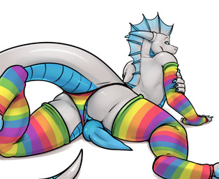 animal_genitalia anthro anus arm_warmers armwear blue_body blue_eyes blue_penis clothed clothing erection femboy genital_slit genitals knot knotted_penis leg_warmers legwear lgbt_pride looking_at_viewer looking_back looking_back_at_viewer male male_anthro partially_clothed partially_clothed_anthro partially_clothed_male penis rear_view simple_background solo tail white_background white_body mintyderg mythology mayday aquatic aquatic_dragon dragon mythological_creature mythological_scalie scalie 2019