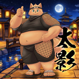 accessory anthro belly big_belly brown_body brown_fur bulge clothed clothing fishnet_clothing footwear fur green_eyes headband kemono male navel ninja overweight sandals shoes skimpy solo text warrior kiyo vtuber futokage_(vtuber) canid canine canis domestic_dog mammal 1:1 hi_res japanese_text