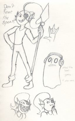 :3 bedsheet_ghost clothed clothing dialogue duo electronics eye_patch eyewear female hair headphones male melee_weapon open_mouth polearm sharp_teeth smile spear teeth text weapon silversd undertale undertale_(series) napstablook undyne aquatic fish ghost spirit 2015 black_and_white english_text graphite_(artwork) monochrome traditional_media_(artwork)