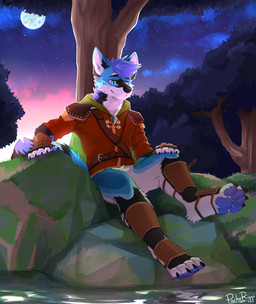 anthro black_body black_claws black_fur black_nose blue_body blue_eyes blue_fur blue_hair blue_pawpads bottomless bottomless_male cheek_tuft claws clothed clothing crotch_tuft facial_tuft featureless_crotch front_view fur glistening glistening_eyes glistening_nose hair legwear male moon narrowed_eyes neck_tuft outside pawpads plant red_clothing red_topwear rock sitting sky solo star sunset topwear tree tuft water whiskers white_body white_fur pache_riggs canid canine canis jackal mammal absurd_res full-length_portrait hi_res portrait signature
