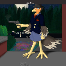 anthro building car delivery_(commerce) delivery_employee female forest gun holding_gun holding_object holding_ranged_weapon holding_weapon house male plant postal_carrier postal_delivery ranged_weapon stealing tree vehicle weapon triti_(artist) mythology ecoa_(roawayart) pascoe_(roawayart) avian gryphon mythological_avian mythological_creature 1:1 hi_res