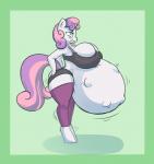 anthro belly big_belly big_breasts blush border bra breasts clothing female fetal_movement green_border hooves horn huge_breasts hyper hyper_pregnancy legwear pregnant simple_background solo sports_bra thick_thighs thigh_highs underwear forfun41 friendship_is_magic hasbro my_little_pony mythology sweetie_belle_(mlp) equid equine horse mammal mythological_creature mythological_equine pony unicorn absurd_res hi_res