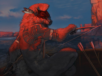 anthro arm_tattoo armband arrow_(weapon) blood blood_on_face boat bodily_fluids bow_(weapon) claws feather_ear_ring finger_claws fur hair in_boat knife light male mohawk nipple_piercing nipples nude nude_anthro nude_male outside pawpads piercing ranged_weapon sitting solo tail tattoo vehicle water watercraft weapon yonsia smokepaw canid canine canis mammal wolf 2026 digital_media_(artwork) hi_res lighting