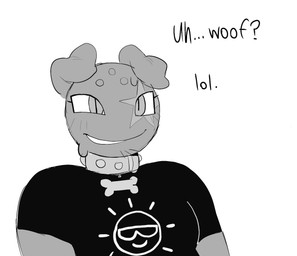 anthro ball big_breasts black_clothing black_shirt black_topwear bowling_ball breasts clothing collar dialogue eyelashes female floppy_ears folded_ears for_a_head markings shirt simple_background smile solo star_(marking) teeth text topwear white_background dagothurfanclub bowler_(dagothurfanclub) animate_inanimate canid canine canis domestic_dog hybrid mammal object_head 2025 digital_drawing_(artwork) digital_media_(artwork) english_text hi_res monochrome sketch trans_(lore) trans_woman_(lore)