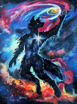 ambiguous_gender anthro biped black_body claws detailed_background digitigrade finger_claws nebula paws solo space red-izak canid canine mammal 2026 acrylic_painting_(artwork) painting_(artwork) traditional_media_(artwork) traditional_painting_(artwork)