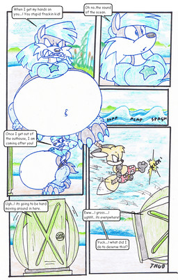 anthro beach belly big_belly blue_clothing blue_hair blue_shirt blue_topwear clothing duo female hair huge_belly overweight shirt speech_bubble text toilet topwear virus-20 wendy_wolf_(virus-20) canid canine canis fox mammal wolf 2009 comic english_text