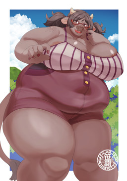 5_fingers anthro areola areola_slip big_breasts black_body black_fur black_hair blush breasts clothed clothing eyewear female fingers fur glasses hair huge_breasts kemono open_mouth overweight overweight_anthro overweight_female solo standing teeth thick_thighs tongue twintails_(hairstyle) sasanoha6011 bovid bovine cattle mammal absurd_res hi_res portrait three-quarter_portrait